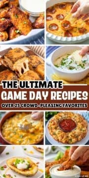Collage of chicken wings, dips, and potato skins with text overlay that reads the ultimate game day recipes over 25 crowd-pleasing favorites.