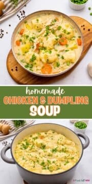 Collage of photos showing chicken soup with homemade dumplings in bowl and in soup pot with text overlay that reads Homemade Chicken and Dumpling Soup.
