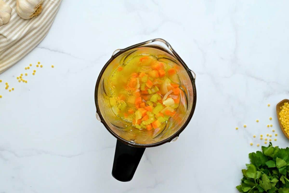 Easy Pastina Soup Recipe Carrots, onions, celery, garlic, and 1 cup of broth in blender for base of Pastina Soup.