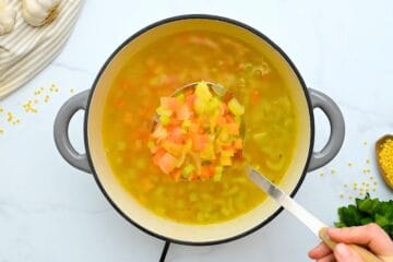 Ladle of carrots, celery and onions coming out of soup pot.