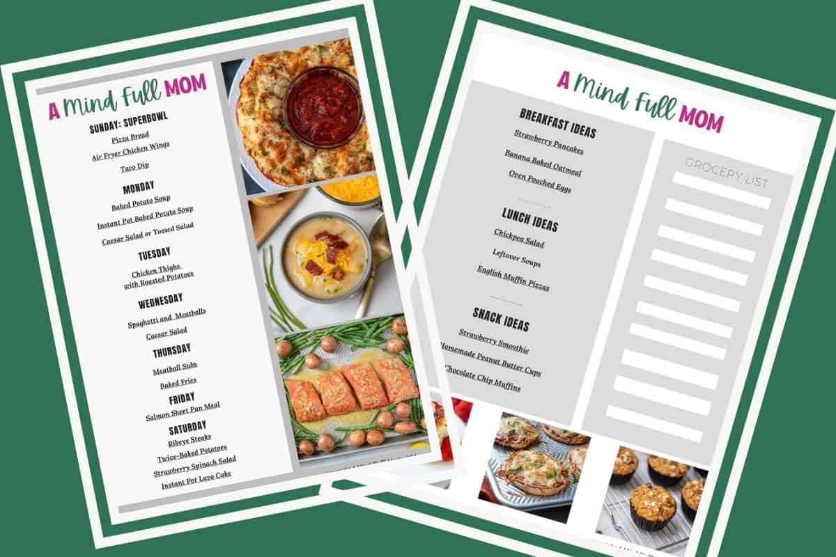 7-Day Meal Plan for Busy Families Collage of two pages of a 7-day meal plan showing breakfast, lunch, and dinner ideas for busy families.