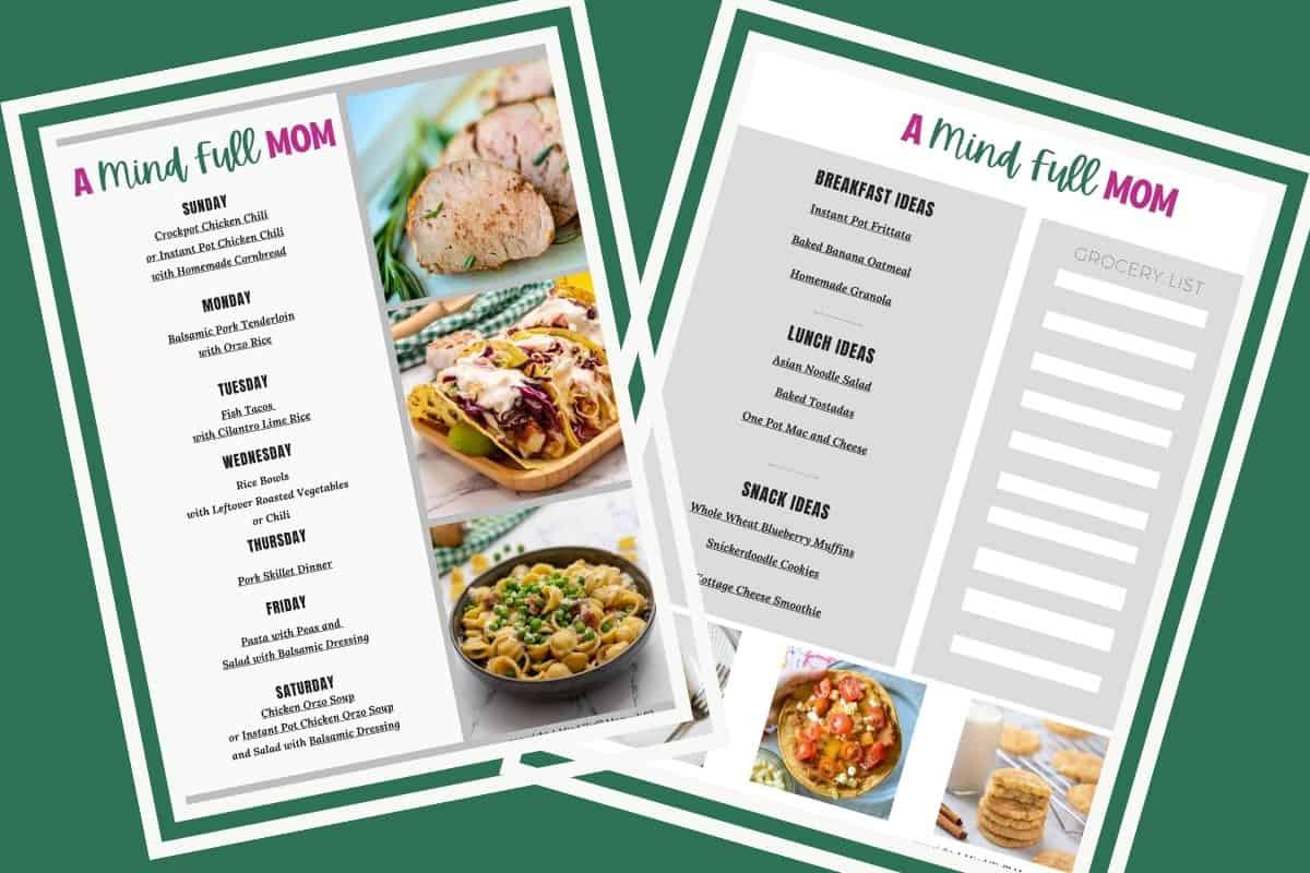 7-Day Meal Plan for Busy Families Collage of two pages of a 7-day meal plan showing breakfast, lunch, and dinner ideas for busy families.