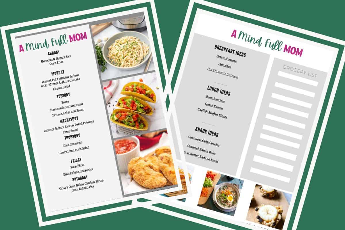 7-Day Meal Plan for Busy Families Collage of two pages of a 7-day meal plan showing breakfast, lunch, and dinner ideas for busy families.