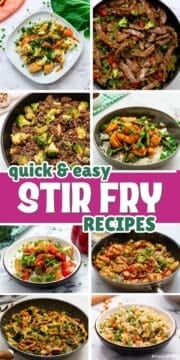 Collage of photos of beef, chicken, shrimp, and vegetable stir fries with text overlay that reads quick and easy stir fry recipes.