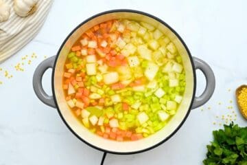 Carrots, onions, celery, garlic, bay leaf, parmesan kind and chicken stock in pot to form base of Pastina Soup.