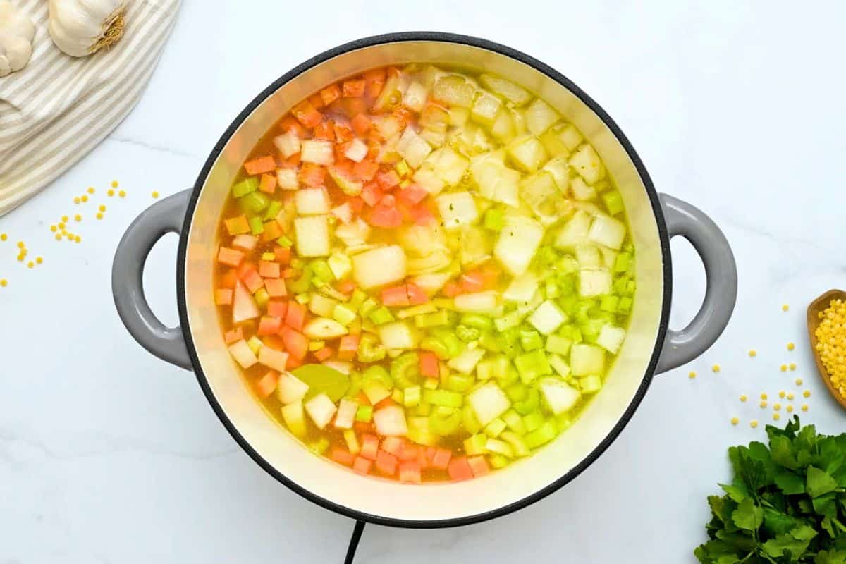 Recipe Italian Pastina Soup Carrots, onions, celery, garlic, bay leaf, parmesan kind and chicken stock in pot to form base of Pastina Soup.