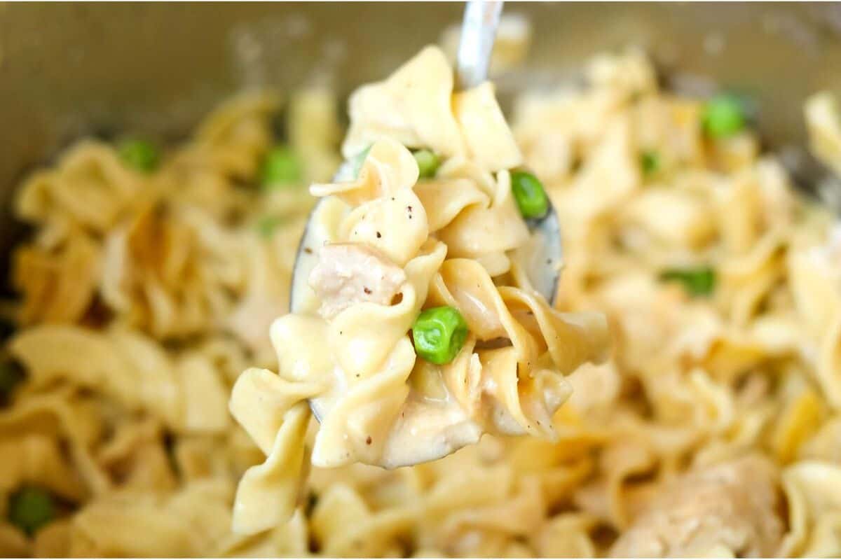 Easy Ideas for Instant Pot Dinner Spoon coming out of Instant Pot with noodles, tuna, and peas.