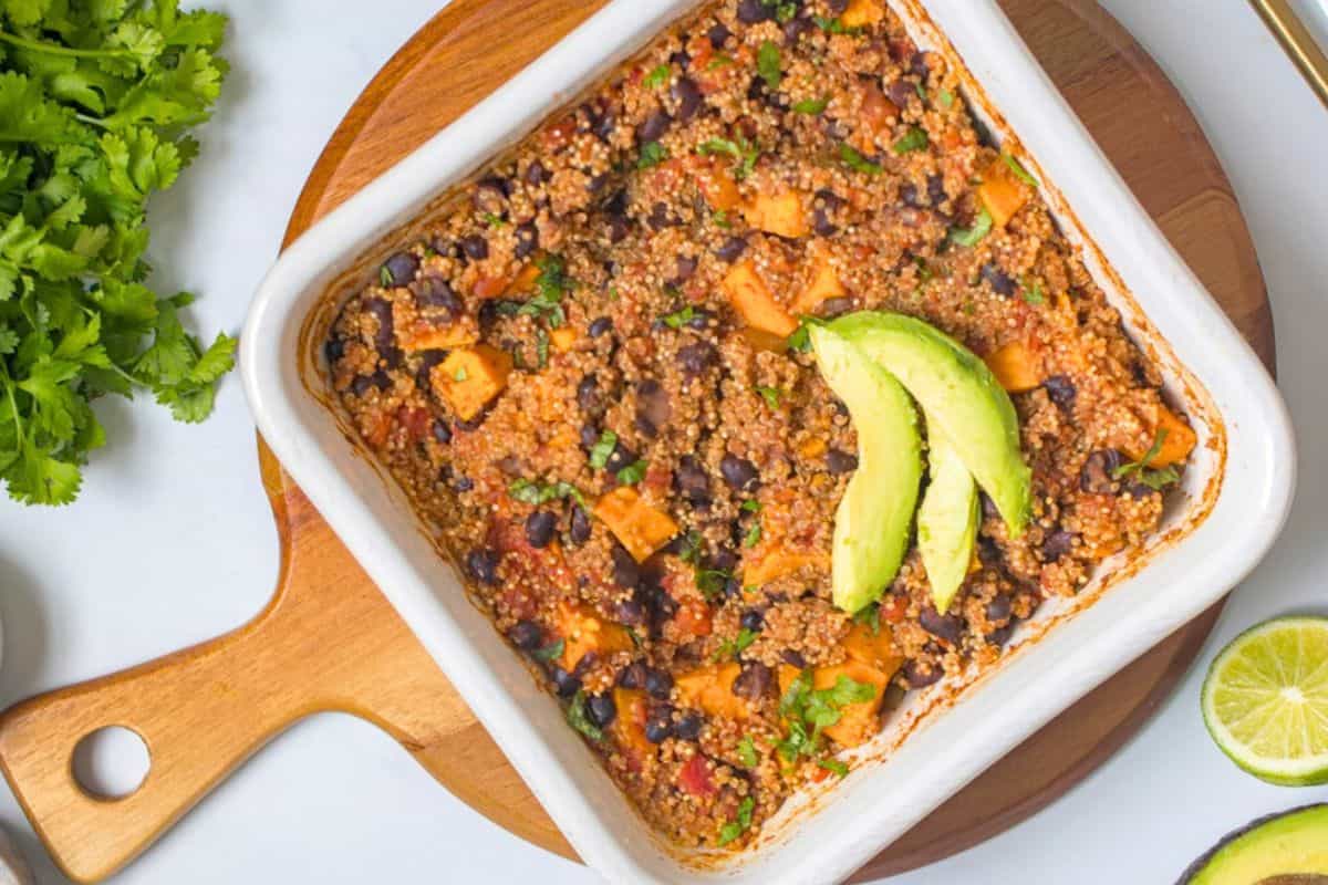Baked Quinoa with Sweet Potatoes Baked Quinoa with cubed sweet potatoes, canned black beans, diced tomatoes, vegetable broth, and taco seasoning