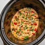 Cheesy crockpot buffalo dip inside crockpot topped with hot sauce, cilantro, and bleu cheese crumbles.