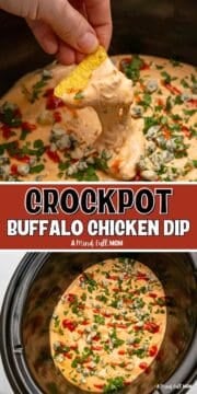 Collage of photos showing buffalo chicken dip inside the slow cooker and being scooped out with tortilla chip.