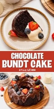 Collage of photos showing chocolate bundt cake whole and sliced with text overlay that reads chocolate bundt cake.