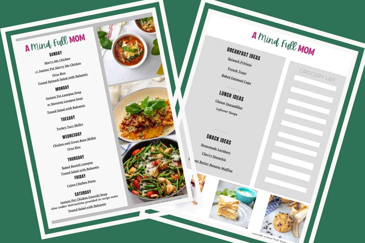7-Day Meal Plan for Busy Families Collage of two pages of a 7-day meal plan showing breakfast, lunch, and dinner ideas for busy families.