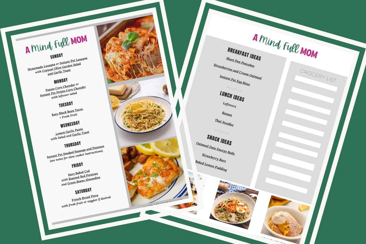 7-Day Meal Plan for Busy Families Collage of two pages of a 7-day meal plan showing breakfast, lunch, and dinner ideas for busy families.