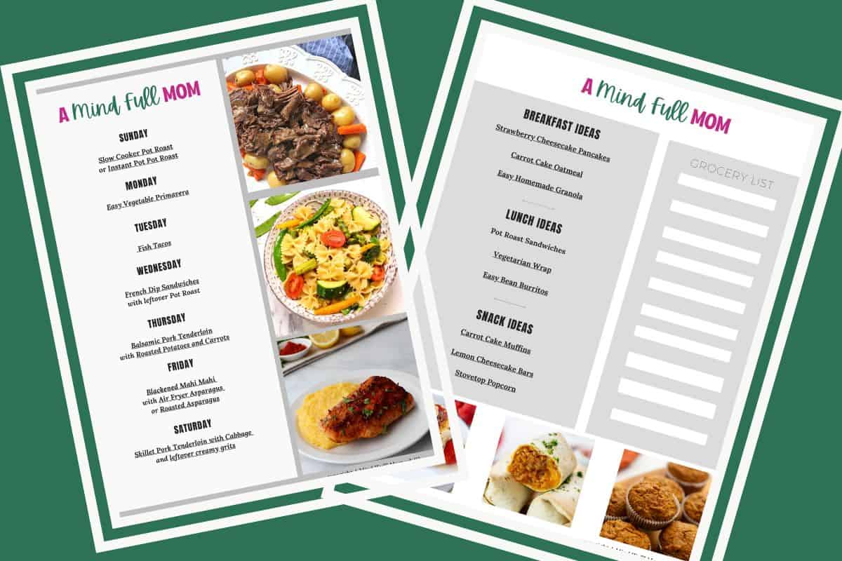 7-Day Meal Plan for Busy Families Collage of two pages of a 7-day meal plan showing breakfast, lunch, and dinner ideas for busy families.