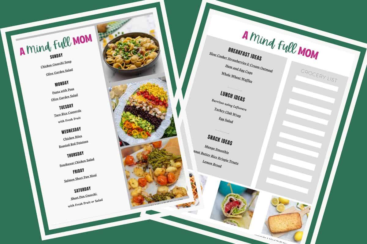 7-Day Meal Plan for Busy Families Collage of two pages of a 7-day meal plan showing breakfast, lunch, and dinner ideas for busy families.