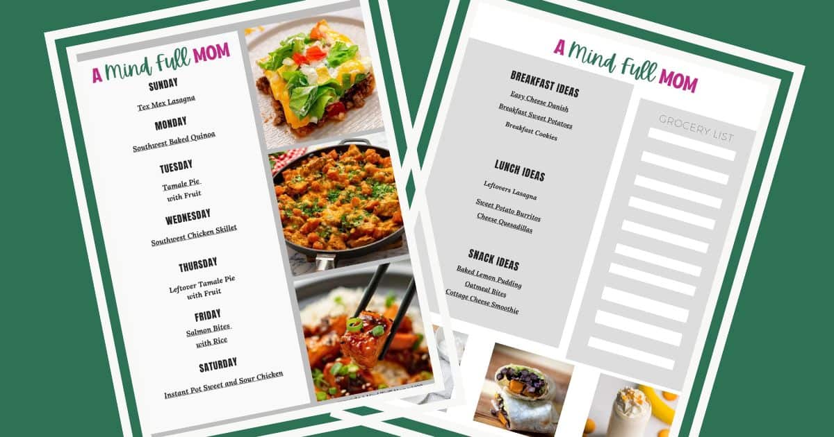 Collage of two pages of a 7-day meal plan showing breakfast, lunch, and dinner ideas for busy families.