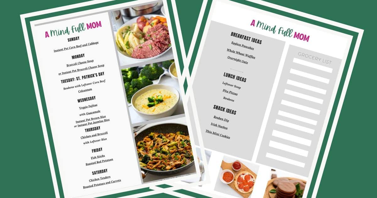 Un ensemble de 2 pages d'un plan de repas sur 7 jours comprenant des idées de petit-déjeuner, de déjeuner et de dîner pour les familles occupées.