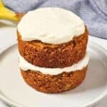 Two-layer dog birthday cake with oats, peanut butter, banana, and pumpkin, topped with Greek yogurt frosting.