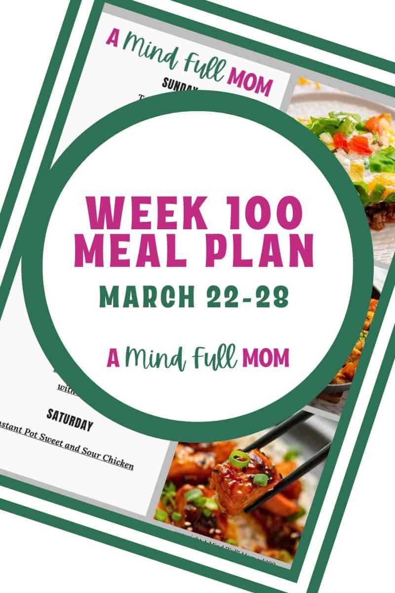 Photo of meal plan with text that reads Meal Plan 100 March 22-28.