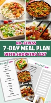 Collage of photos showing meals for week and copy of meal plan with text that reads No-Stress 7-Day Meal Plan with Shopping List.
