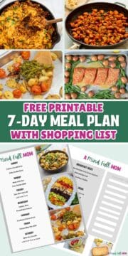 Collage of photos showing meals for week and copy of meal plan with text that reads Free Printable 7-Day Meal Plan With Grocery List.
