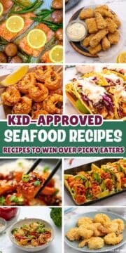 Collage of seafood recipes with title text overlay that reads kid-approved seafood recipes recipes to win over picky eaters.
