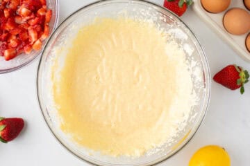 Butter, sugar, yogurt, and eggs creamed together in large mixing bowl.