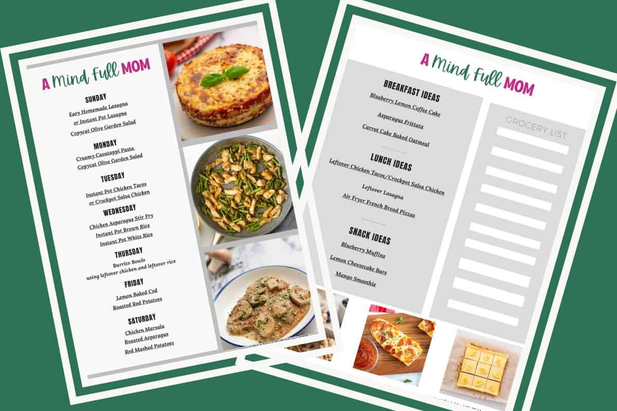 Collage of two pages of a 7-day meal plan showing breakfast, lunch, and dinner ideas for busy families.