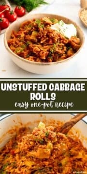 Collage of photos showing unstuffed cabbage rolls made with diced cabbage, ground beef, and brown rice topped with dollop of sour cream and fresh dill.