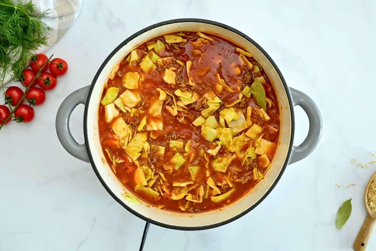 Recipe Unstuffed Cabbage Rolls Large dutch oven with browned meat, beef stock, diced cabbage, tomatoes, and uncooked brown rice stirred together.