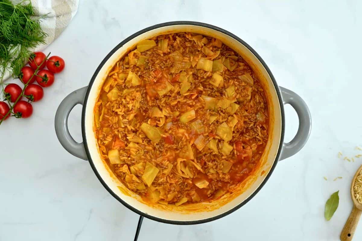 Easy Unstuffed Cabbage Roll Casserole Large dutch oven with diced cabbage, ground beef, and brown rice simmered together until rice is just nearly tender.