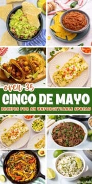 Collage of Mexican-Inspired recipes for Cinco De Mayo Party Spread with text overlay that reads over 35 cinco de mayo recipes for the ultimate party spread.
