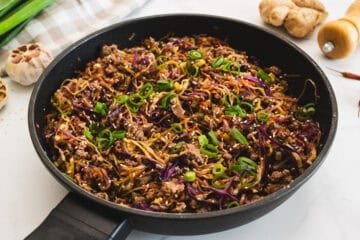 Ground turkey sauteed with coleslaw mix, green onions, soy sauce, garlic, ginger, and rice wine vinegar.