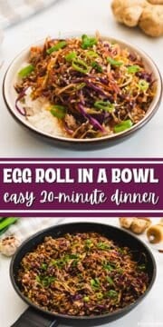Collage of photos showing egg roll in a bowl in skillet and served over rice with green onions.