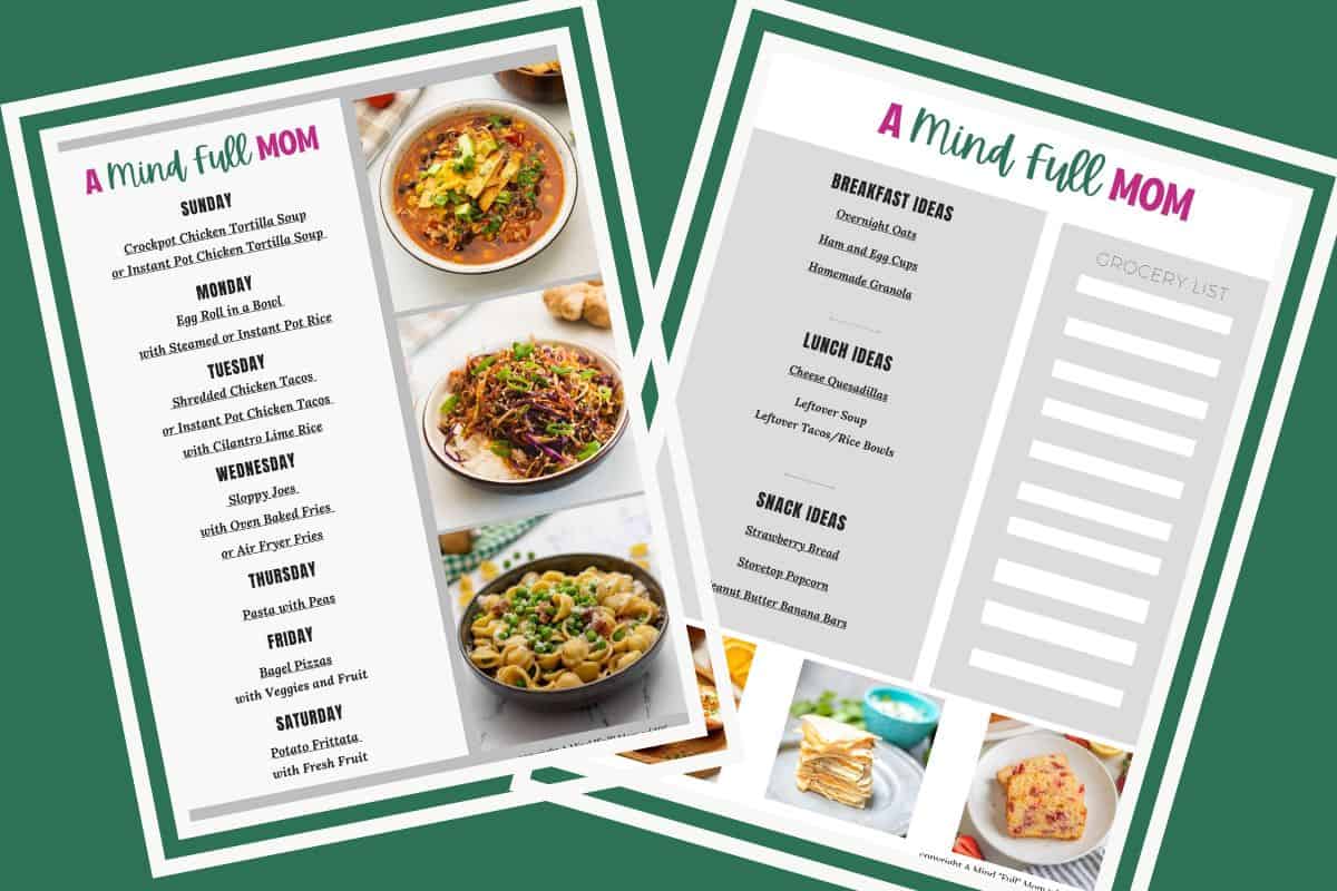 Collage of two pages of a 7-day meal plan showing breakfast, lunch, and dinner ideas for busy families.