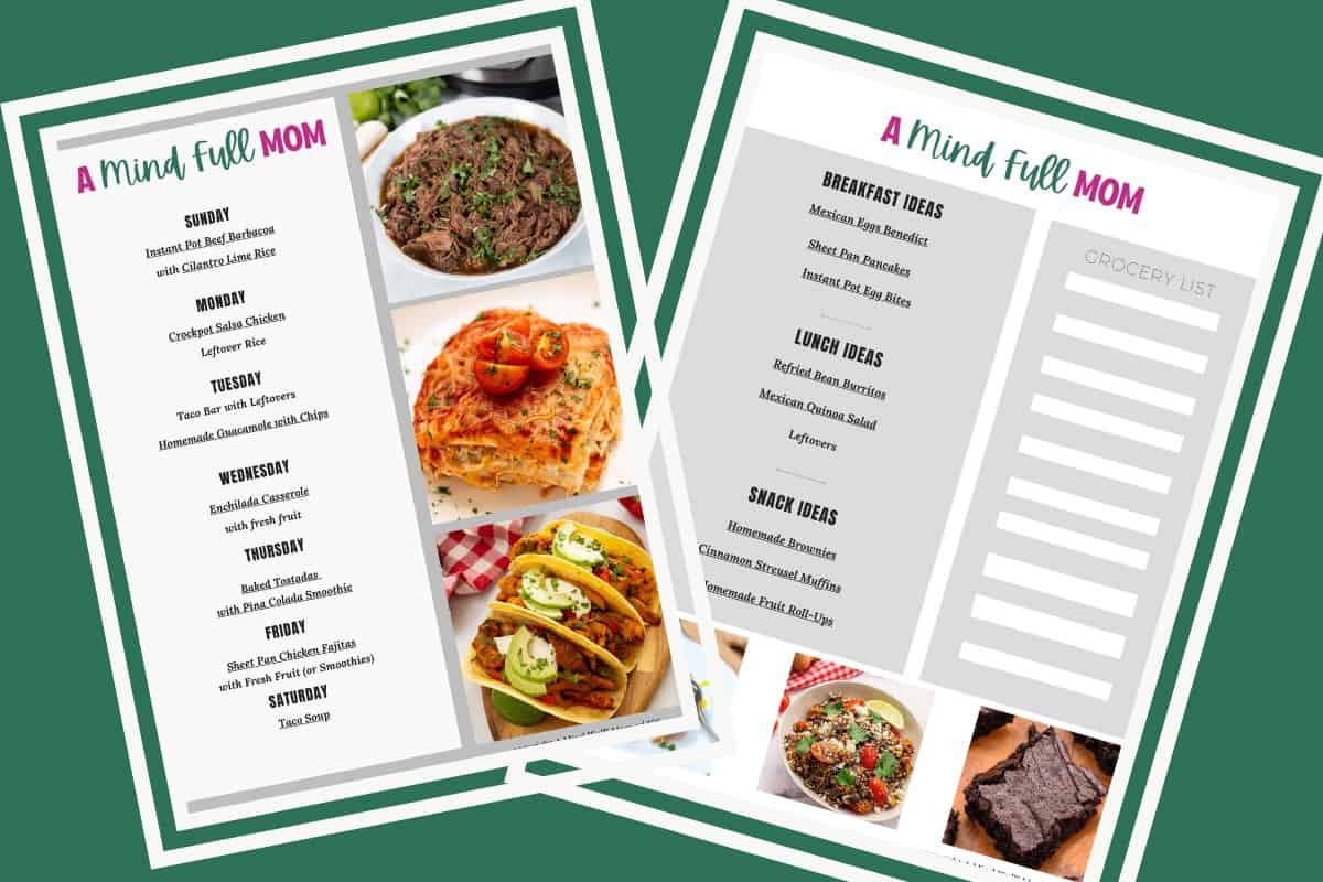 Collage of two pages of a 7-day meal plan showing breakfast, lunch, and dinner ideas for busy families.