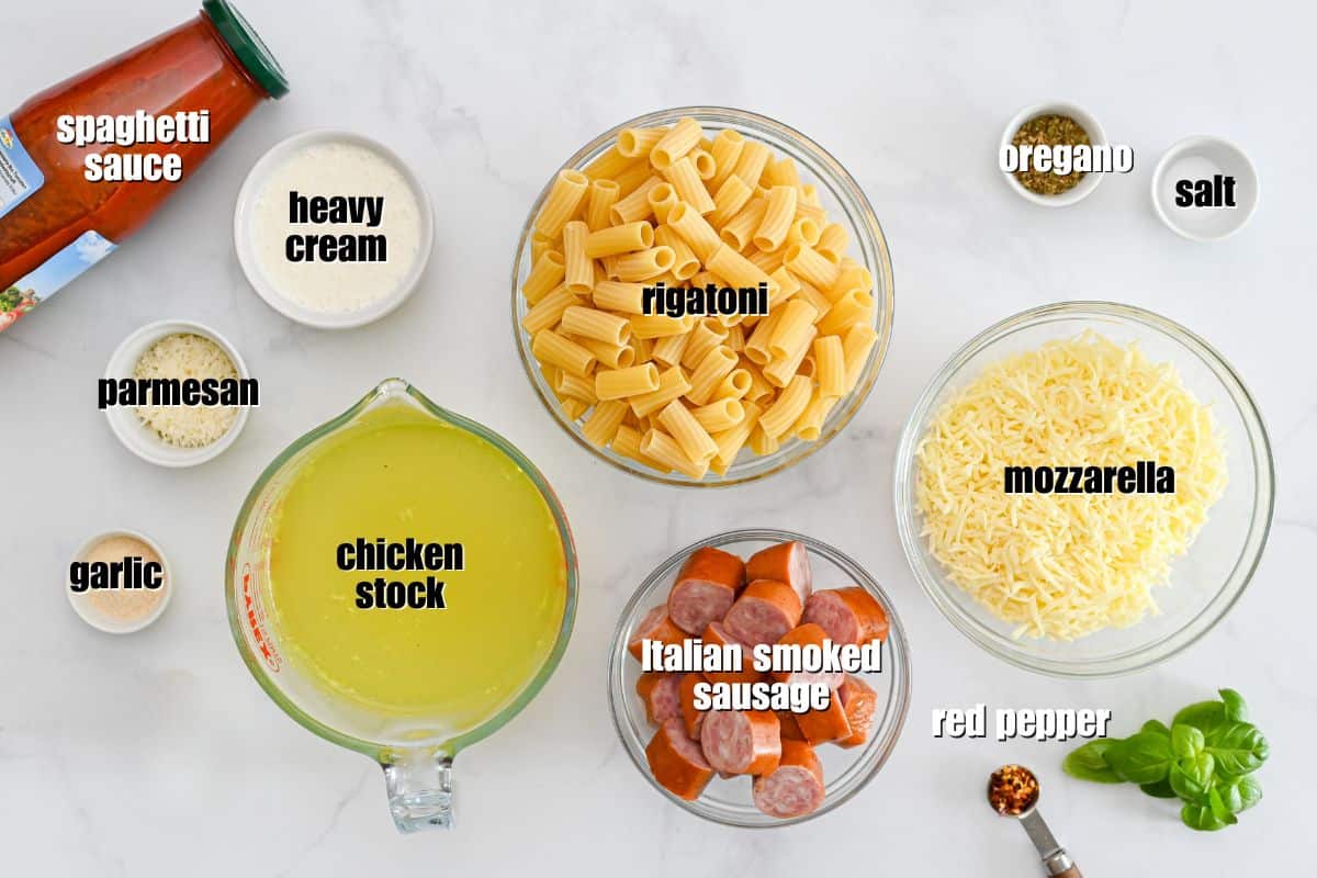 Creamy Cheesy Baked Rigatoni Ingredients for pasta bake labeled on counter showing uncooked rigatoni, smoked Italian sausage, spaghetti sauce, heavy creamy, seasonings, broth, and cheese.