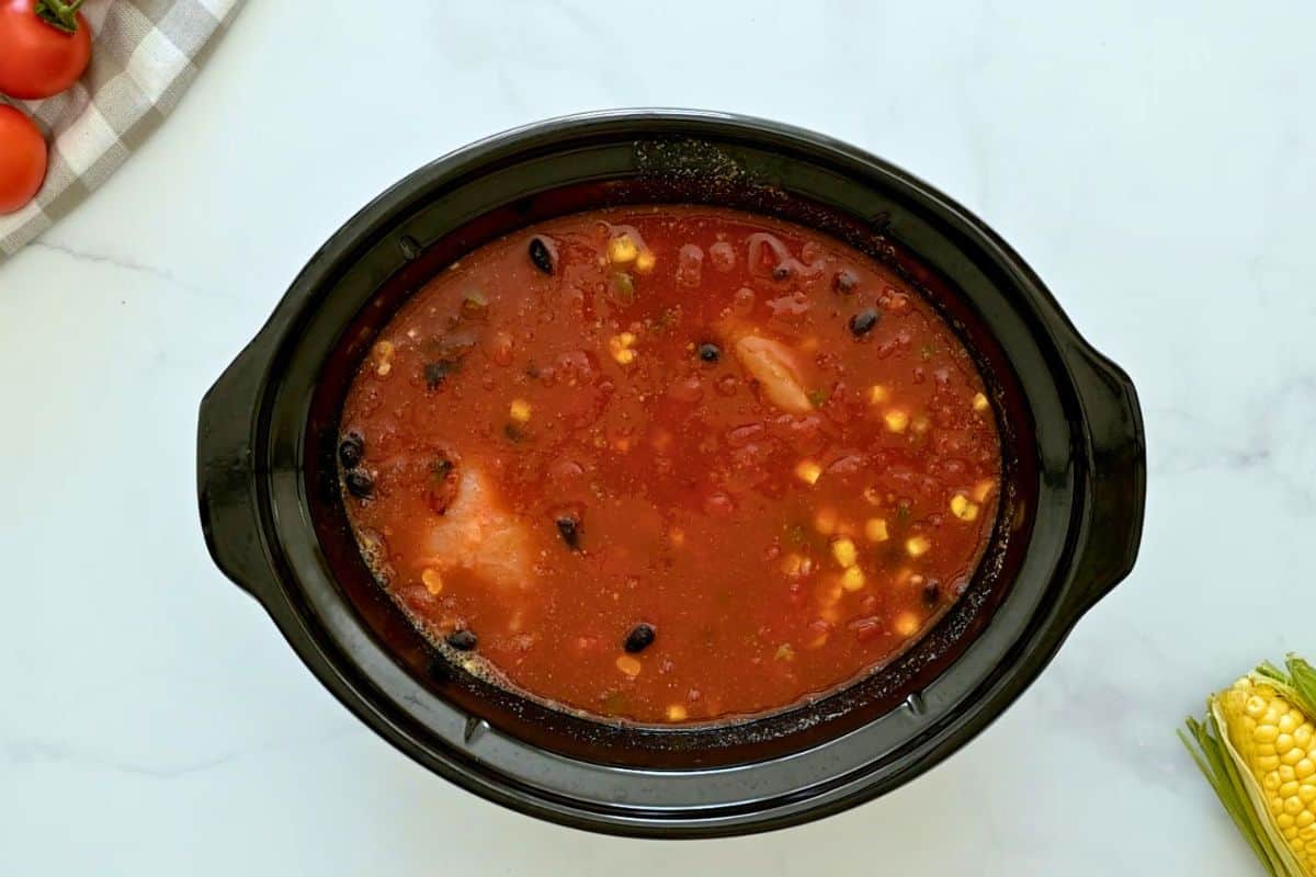 Slow Cooker Chicken Tortilla Soup recipe Chicken breasts, black beans, corn, salsa, tomatoes, garlic, dried spices and chicken stock combined in the slow cooker base.