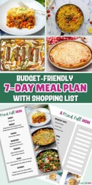 Collage of photos showing meals for week and copy of meal plan with text that reads Budget-Friendly 7-Day Meal Plan with Shopping List.