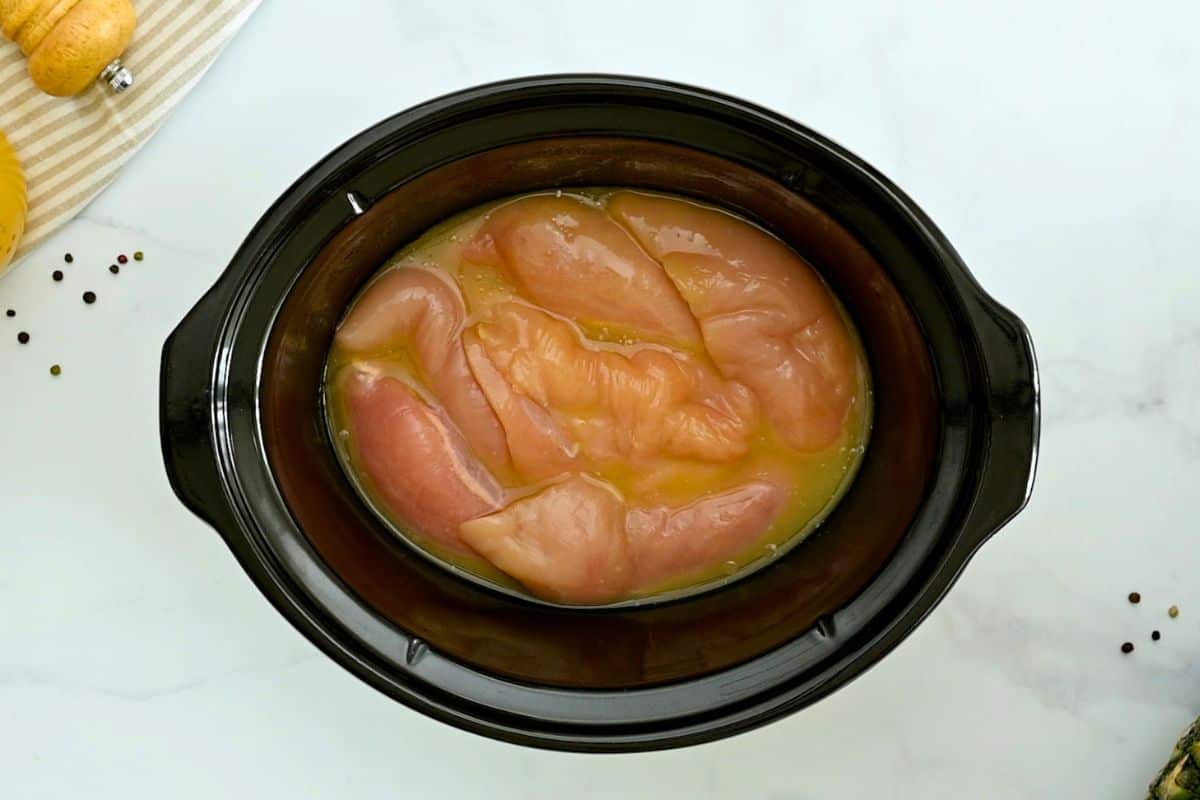 BBQ Pulled Chicken Breasts Slow Cooker Boneless, skinless chicken breasts in slow cooker with pineapple juice for pulled chicken recipe.