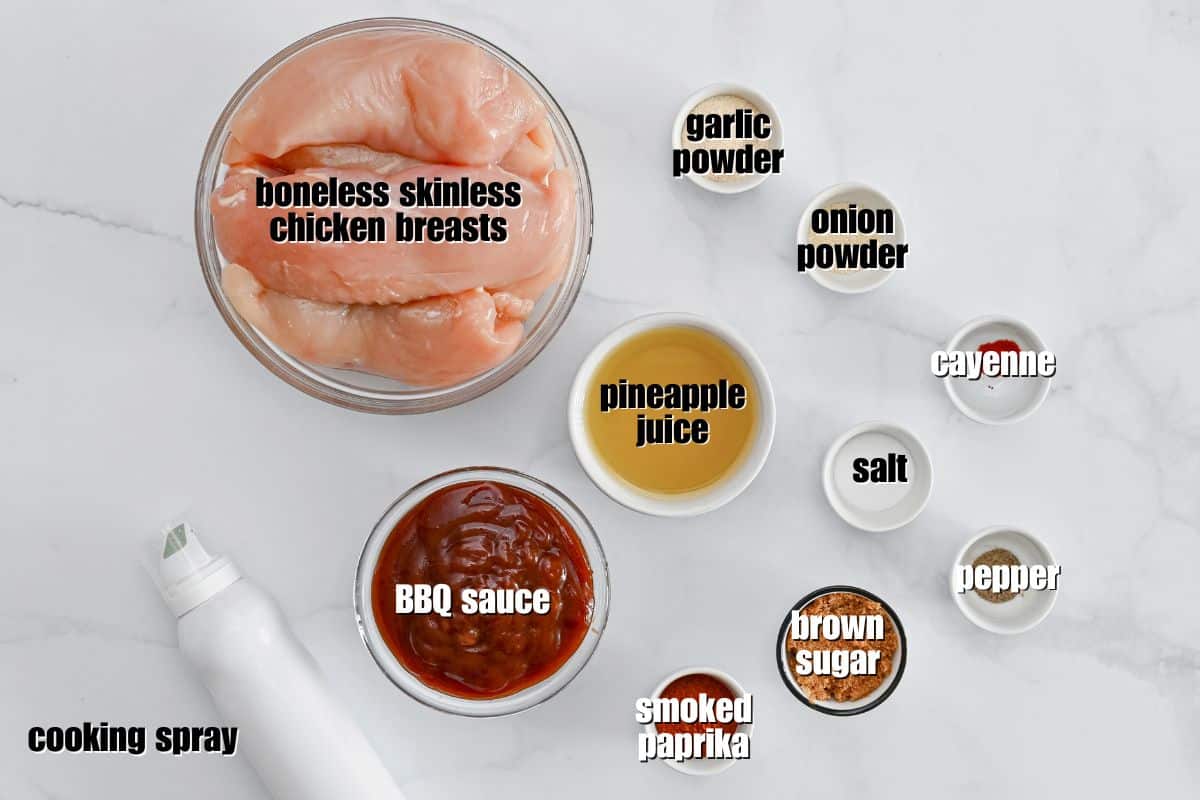 Slow Cooker BBQ Pulled Chicken Recipe Boneless skinless breasts, BBQ Sauce, and ingredients for dry rub for BBQ chicken labeled on counter.