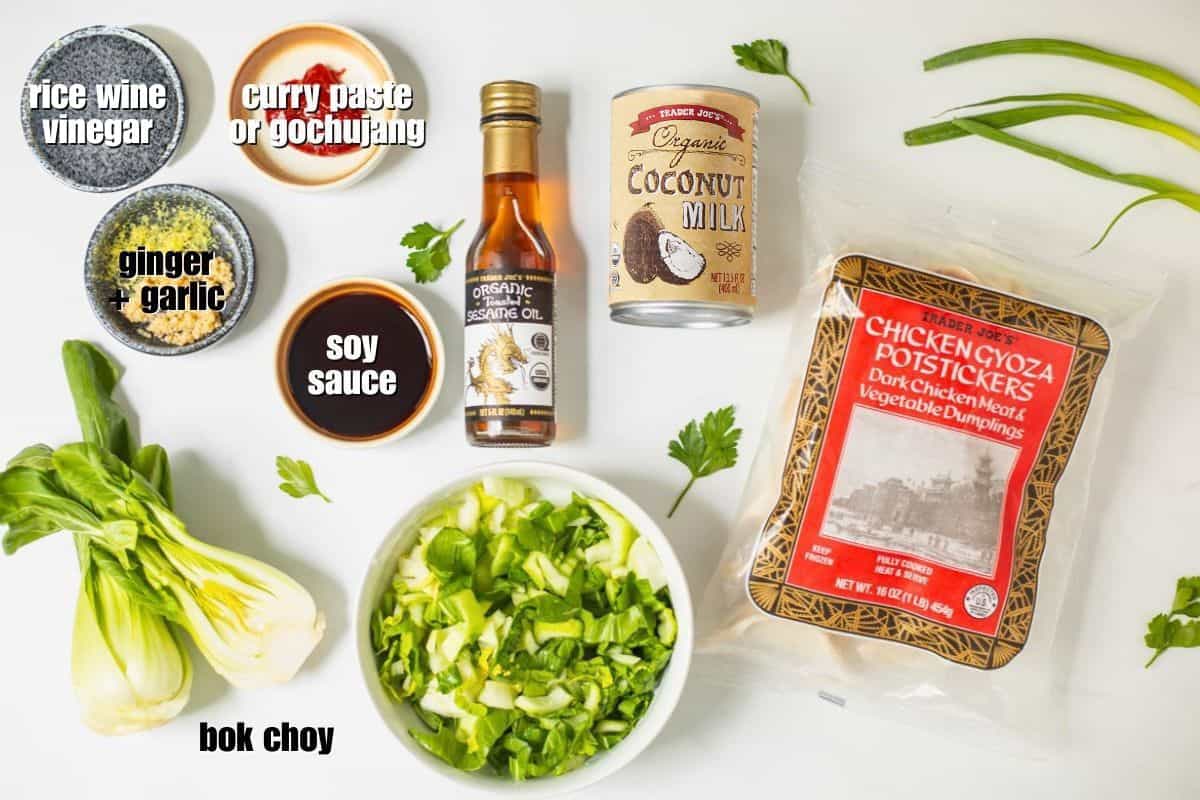 Ingredients for viral dumpling bake made with Trader Joe's frozen potstickers, bok choy, soy sauce, garlic, ginger and coconut milk on counter.