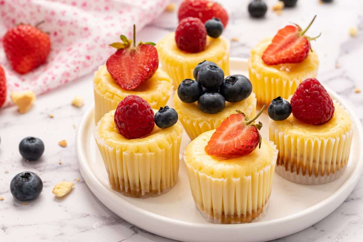Mini Cheesecakes baked in mini muffin tins with vanilla wafer crust on plate topped with fresh blueberries, raspberries, and strawberries.