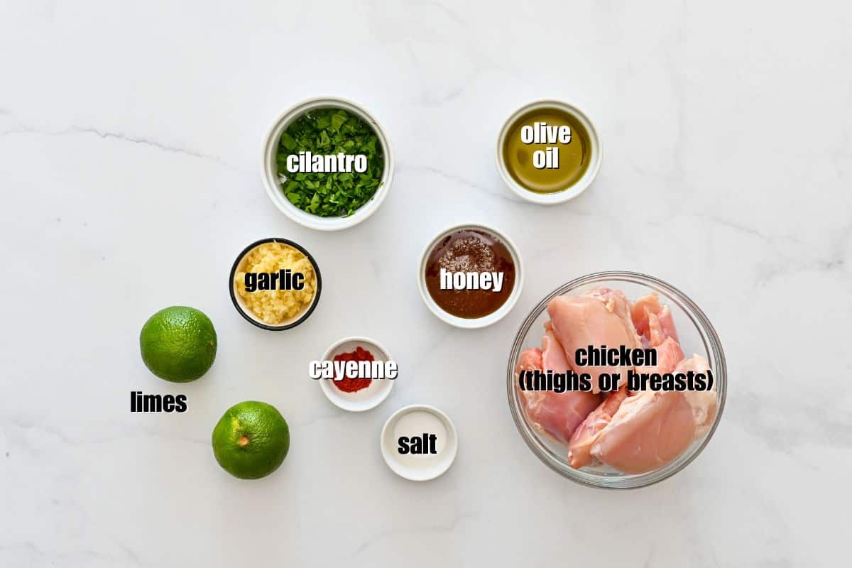Grilled Chicken Breasts with BBQ Sauce Chicken thighs, honey, limes, olive oil, garlic, salt, and cayenne labeled on counter.
