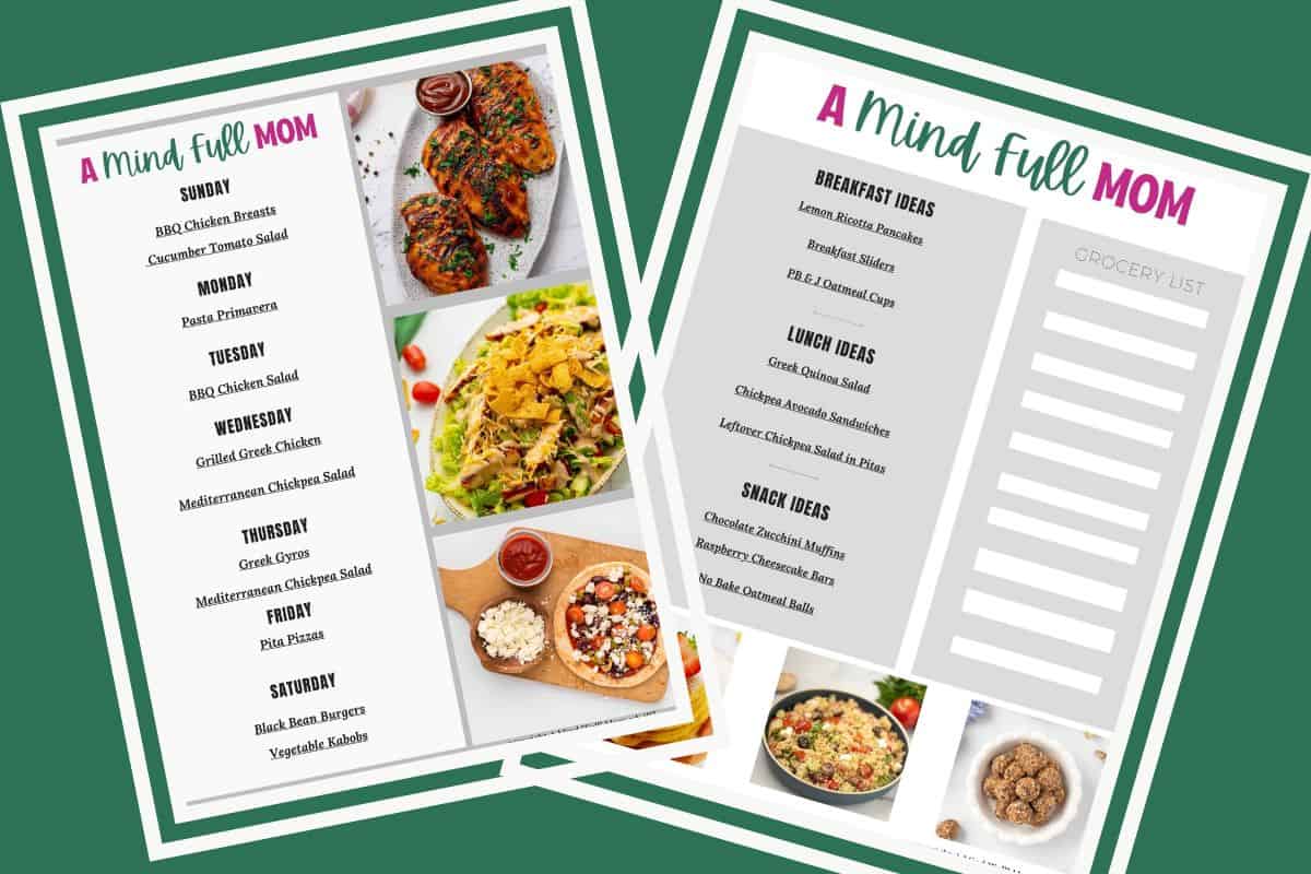Meal Plan For May Collage of two pages of a 7-day meal plan showing breakfast, lunch, and dinner ideas for busy families.