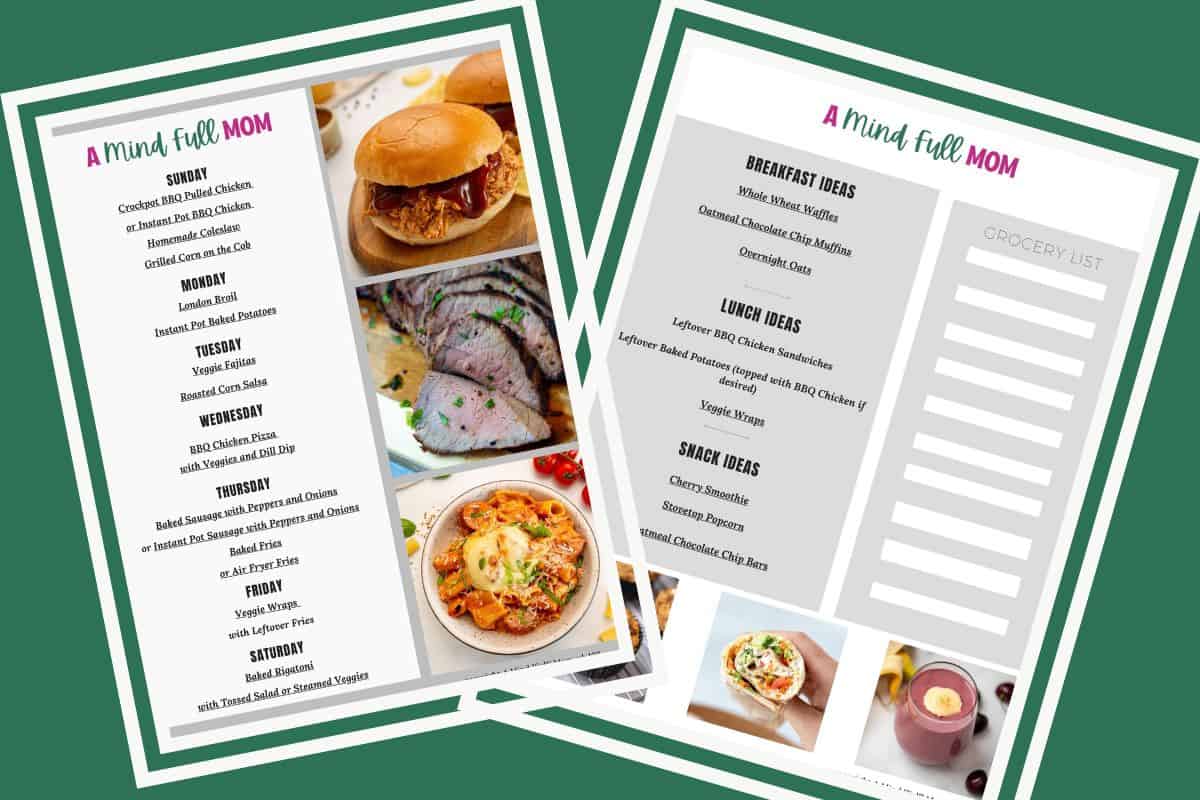 Meal Plan For May Collage of two pages of a 7-day meal plan showing breakfast, lunch, and dinner ideas for busy families.