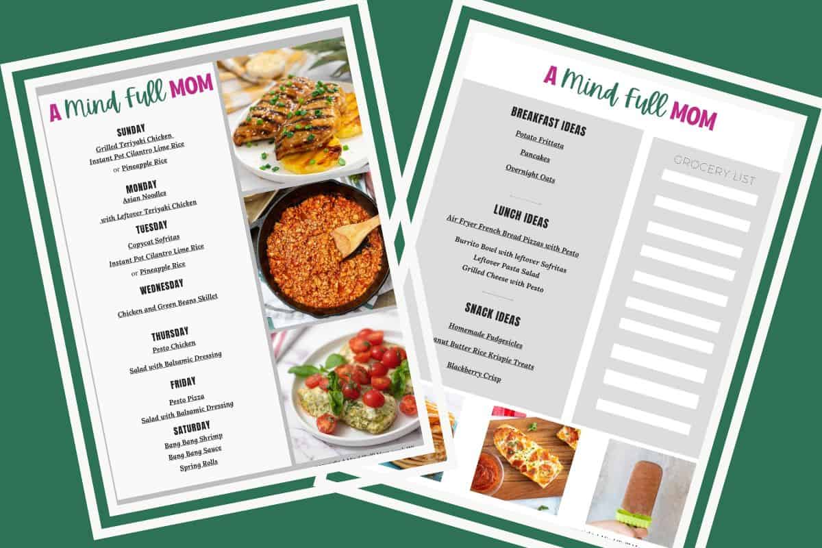 Side by side photos of meal plan with dinners, breakfast, lunches, and snacks.