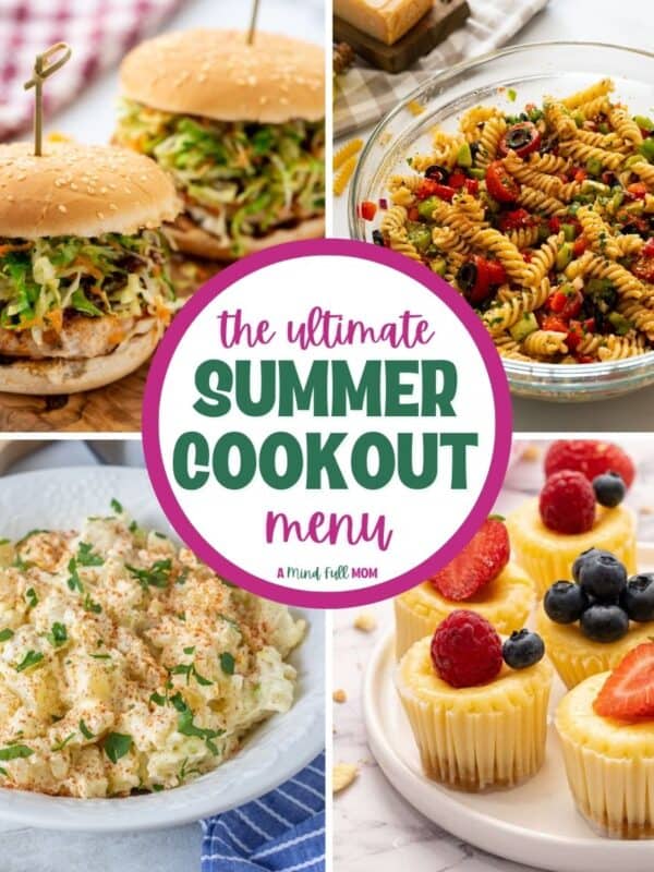 Collage of photos of classic summer BBQ recipes with text overlay that reads the ultimate summer cookout menu.