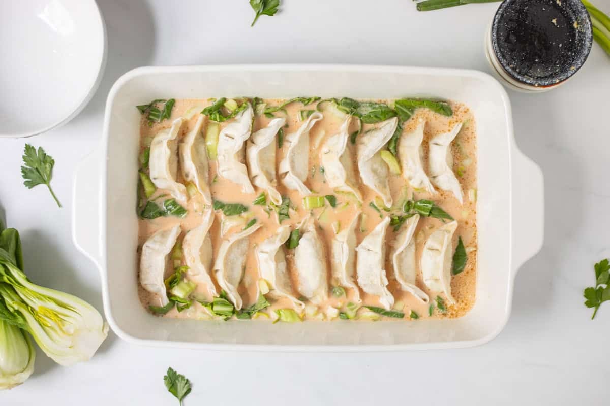 Frozen potstickers placed in single layer on top of spiced, soy coconut broth and sliced bok choy.