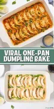 Collage of potstickers in curry flavored coconut milk before and after baking with text that reads Viral One Pan Dumpling Bake.